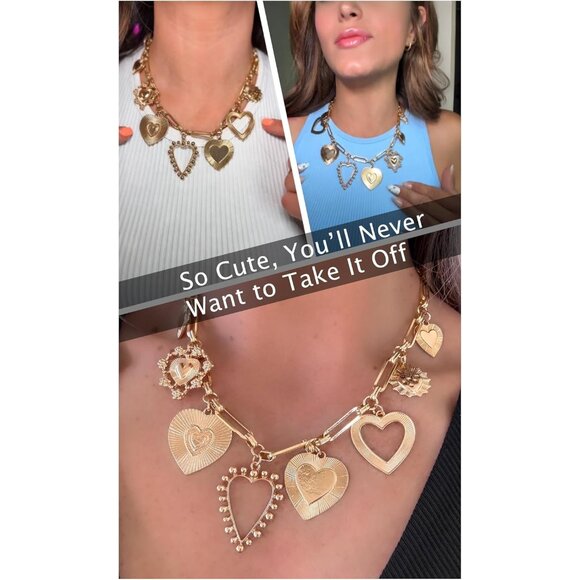 Gold Statement Necklace with Adjustable Chain - Heart Charm for Women - Picture 5 of 6